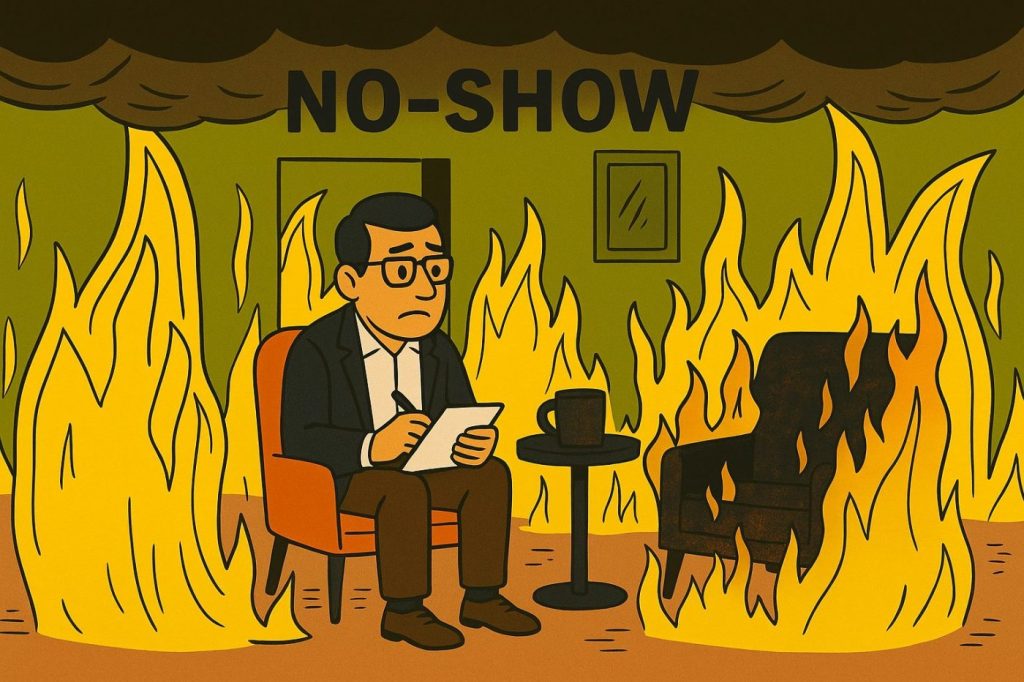 Консультант в кресле рядом с пустым, обугленным креслом клиента – символ no-show, упущенной выгоды и потерь в консалтинге